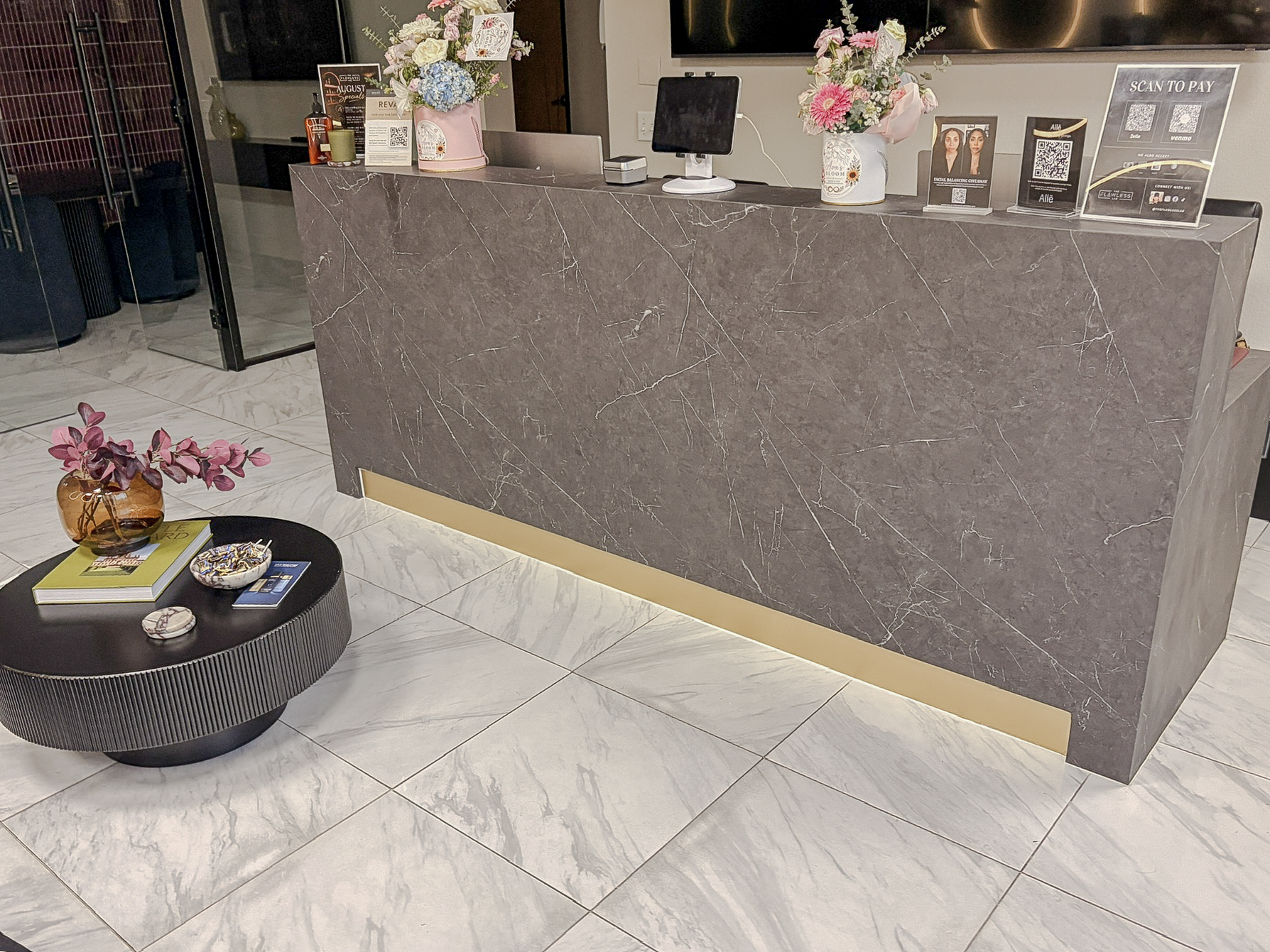 Completed commercial reception desk in Bodaq PM007 architectural film