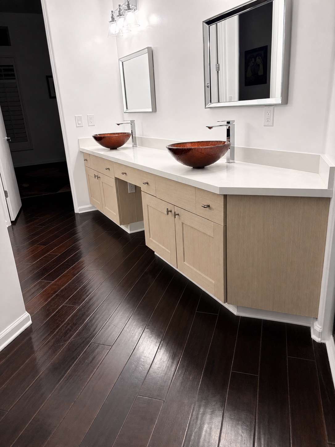 Completed Scottsdale bathroom vanity cabinetry in light wood architectural film
